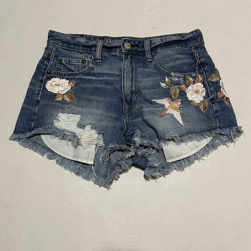 Y2k American Eagle Rose Bird Embroidered Distressed Jean Booty Shorts Size 4 X 2